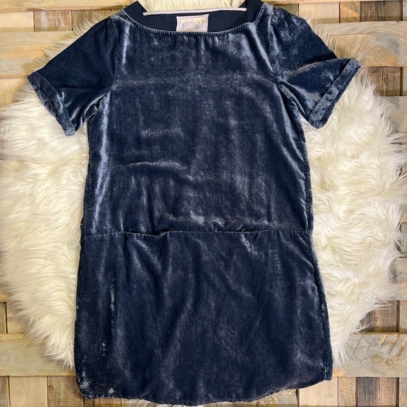 EUC Floreat {Anthro} Crushed Dark Blue Velvet Mini Shift Dress + Pockets | Small - Picture 3 of 13